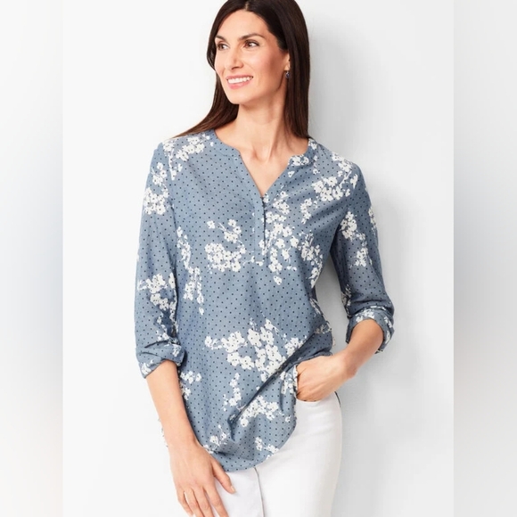 Talbots Floral Dot Chambray Cotton Blouse Large - Picture 1 of 6